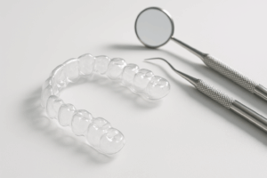 3D medical illustration of a dental laser gently reshaping the gum line around teeth.